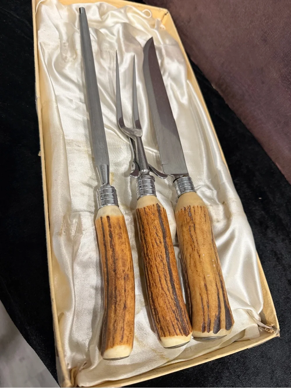 Vintage Sheffield Carving Set Rusnorstain Steel & Bone Brown Handles